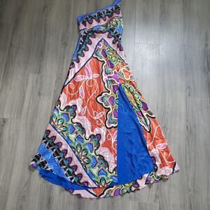 Cache Silk Dress Gown 10 One Shoulder Colorful Art Event Wedding Guest Resort